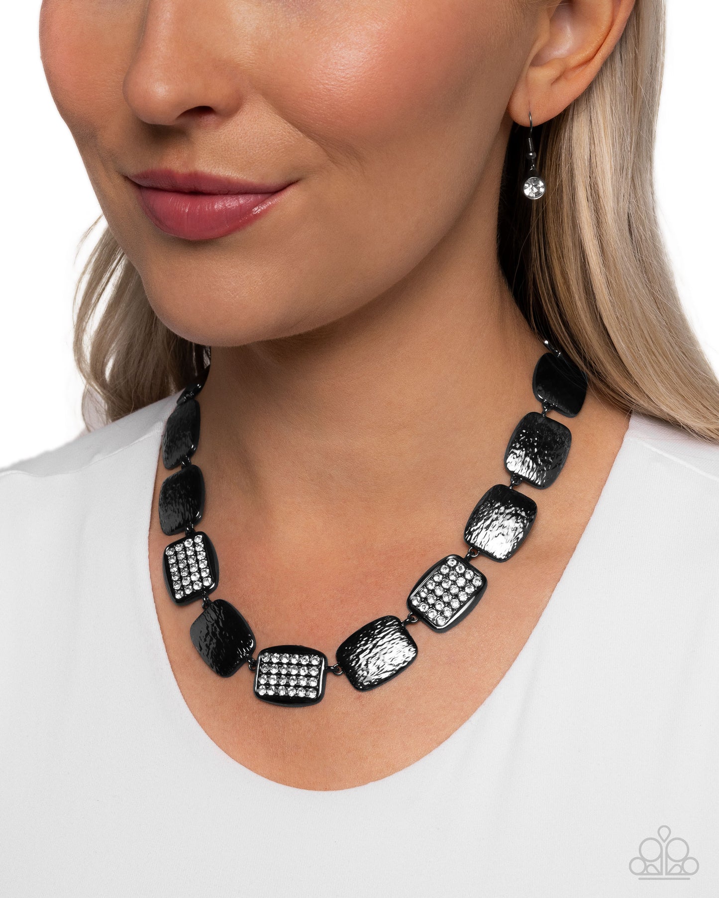 Brilliant Belonging - Black Hammered Gunmetal White Rhinestone Necklace Paparazzi N2604