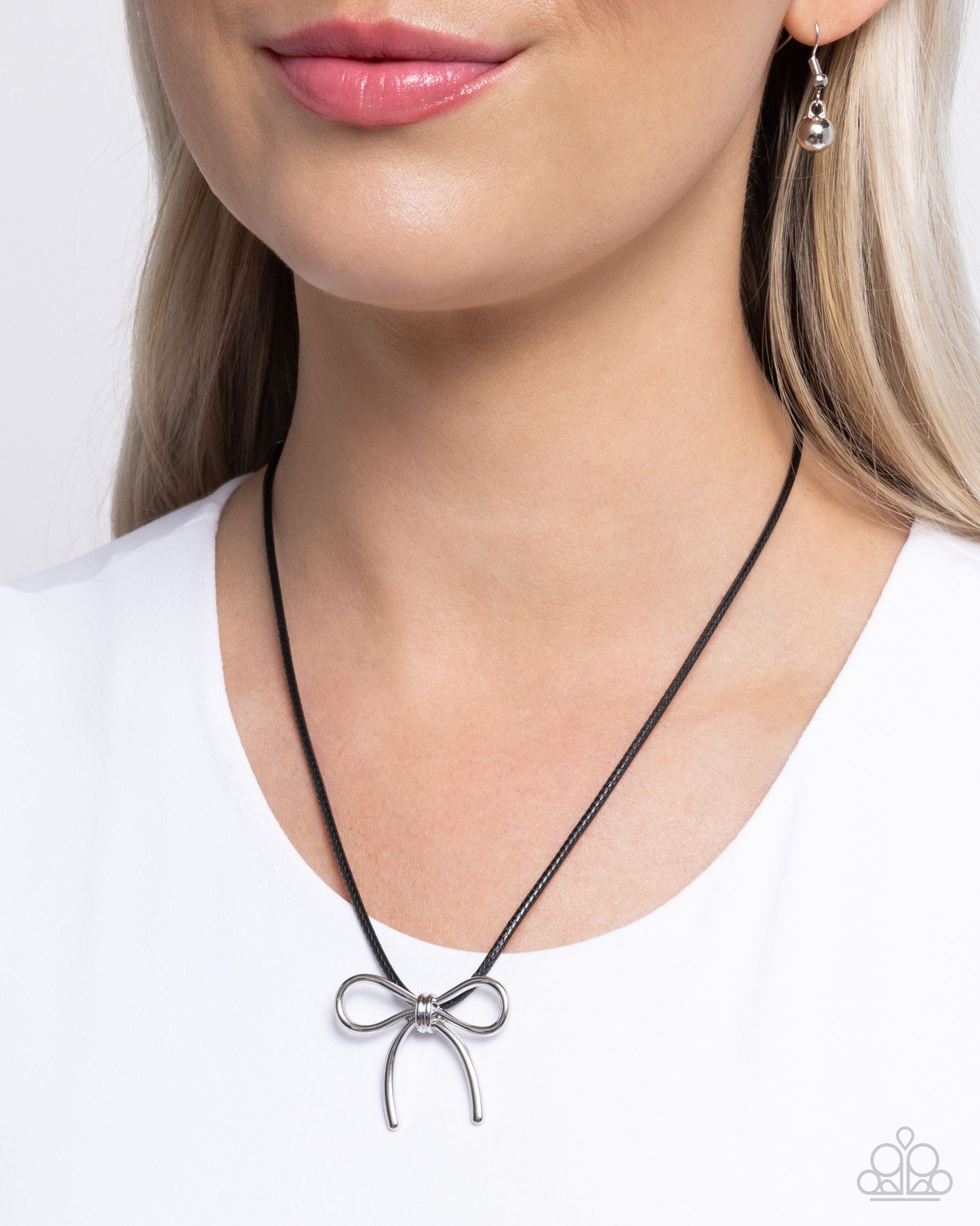 Paparazzi Leisurely Ladylike - Black Cord Silver Bow Necklace N3315