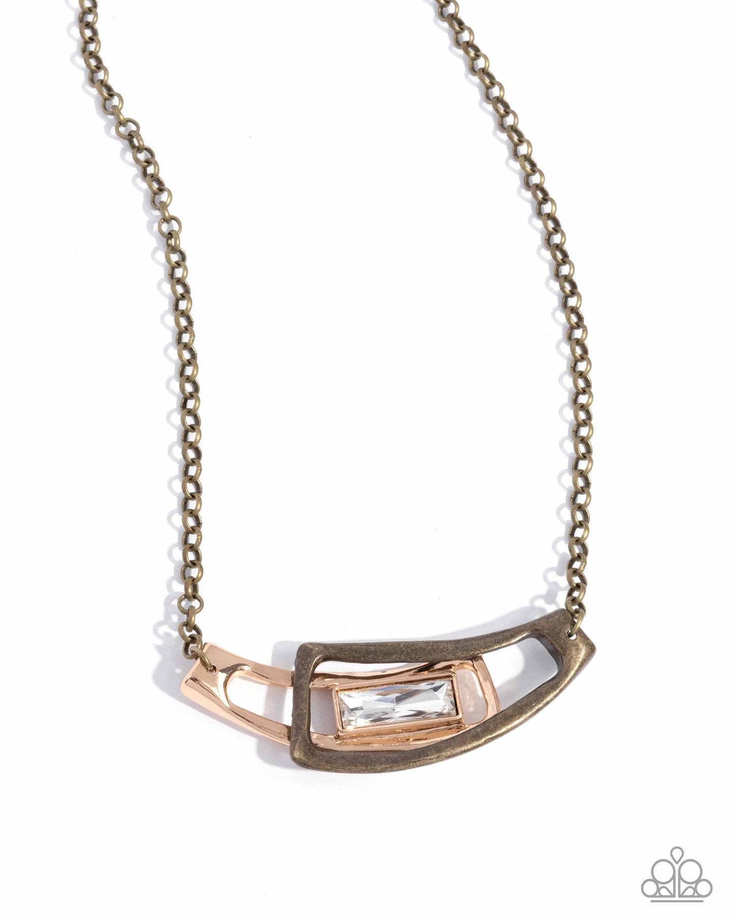 Interlocked Improv - Brass Abstract Frame, Gold & Emerald Cut White Gem Necklace Paparazzi N2583