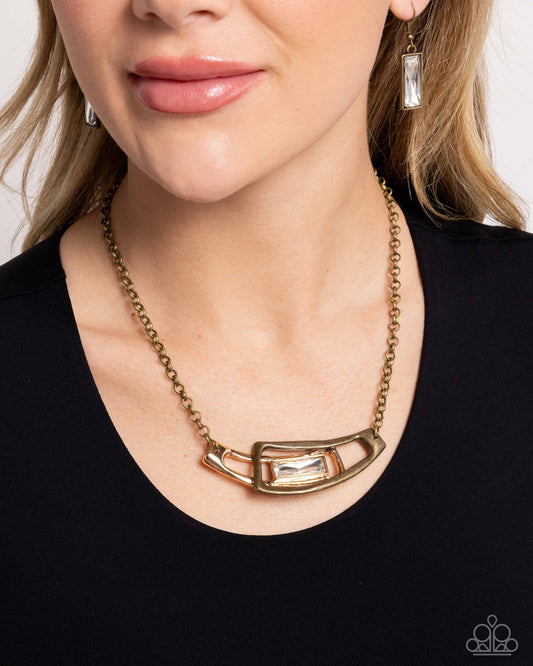 Interlocked Improv - Brass Abstract Frame, Gold & Emerald Cut White Gem Necklace Paparazzi N2583