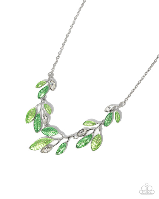 Lyrical Leaves - Green Leaves & White Gem Necklace Paparazzi
