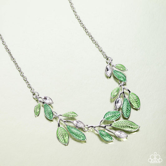 Lyrical Leaves - Green Leaves & White Gem Necklace Paparazzi