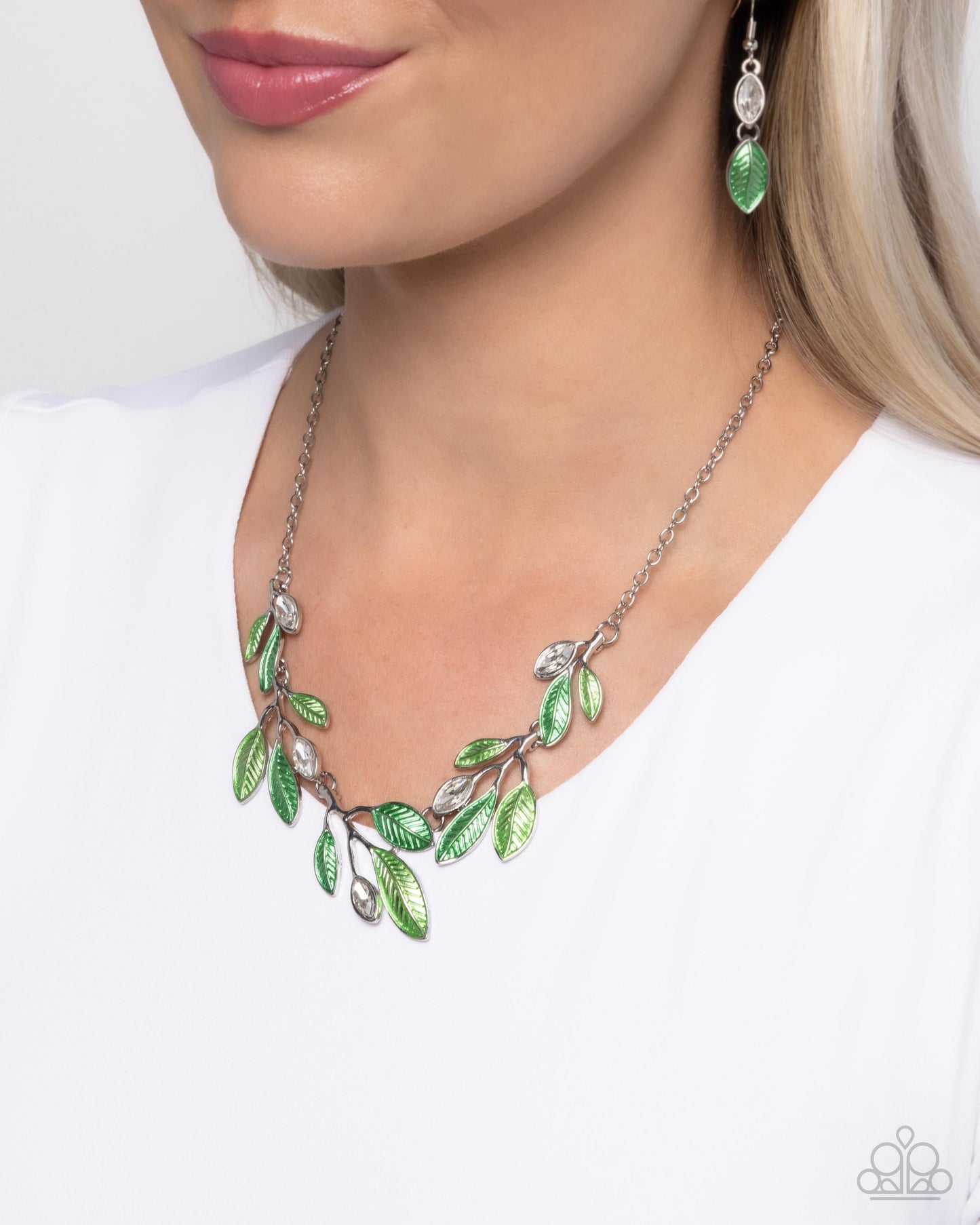 Lyrical Leaves - Green Leaves & White Gem Necklace Paparazzi