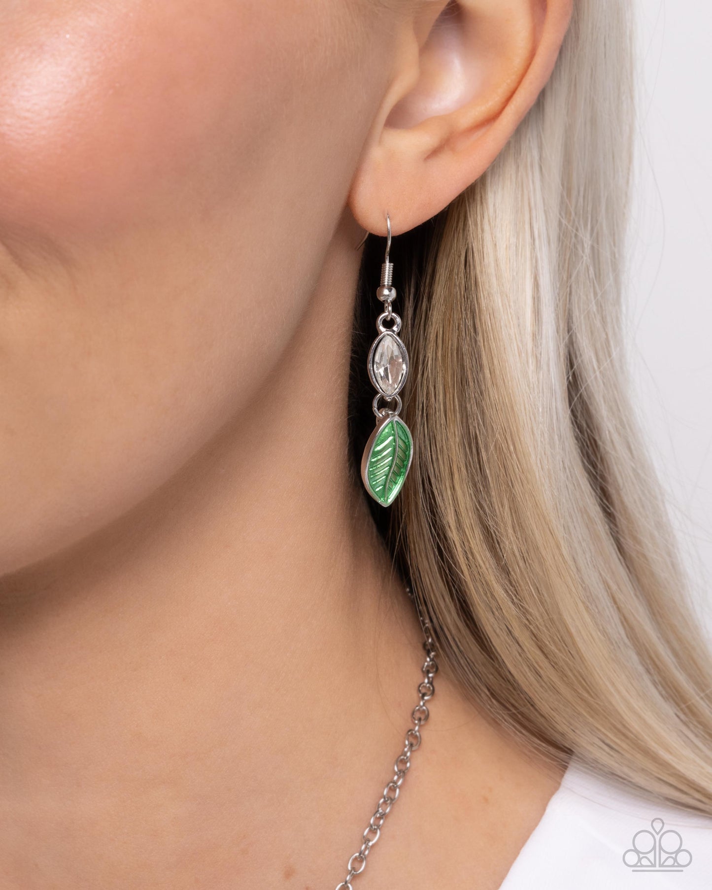Lyrical Leaves - Green Leaves & White Gem Necklace Paparazzi