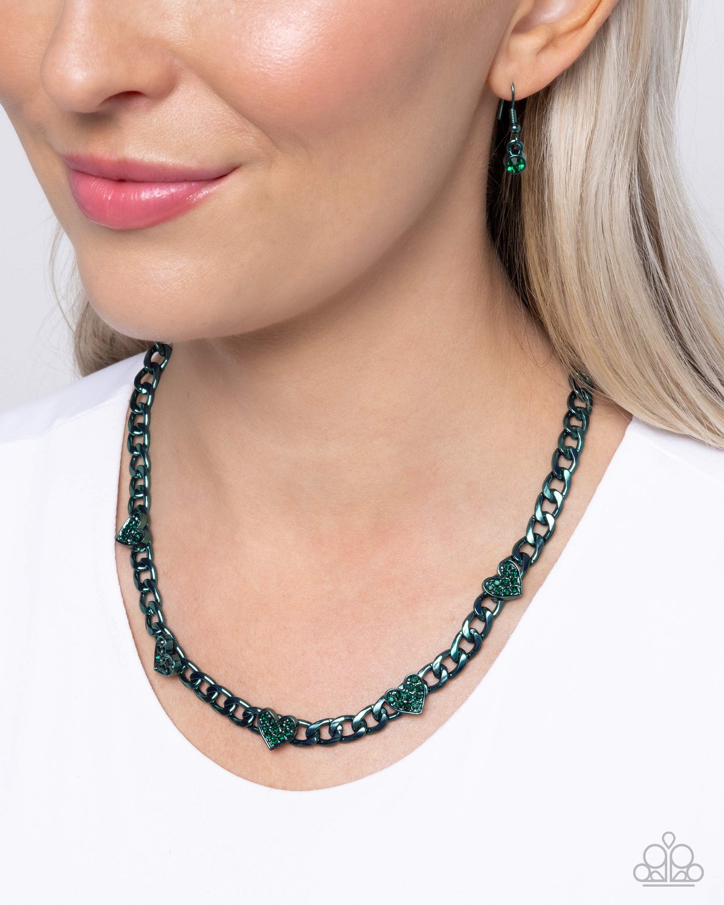 Fond Fashion - Green Emerald Heart & Rhinestone Necklace Paparazzi