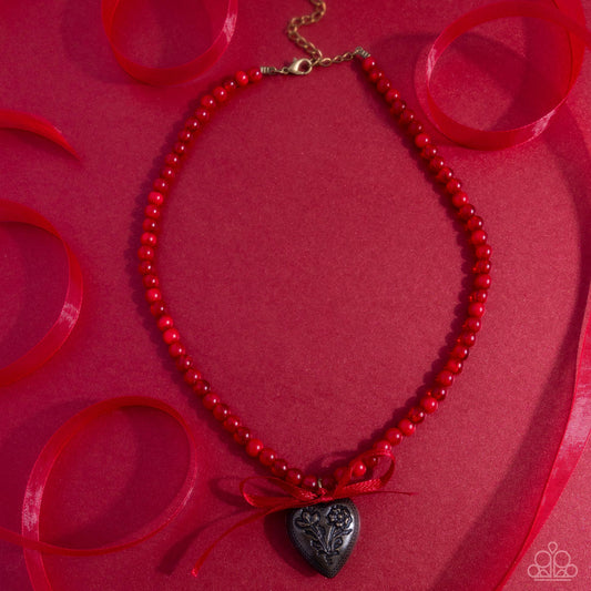 Tasteful Trimming - Red Cloudy Wine Bead & Heart Necklace Paparazzi N2807
