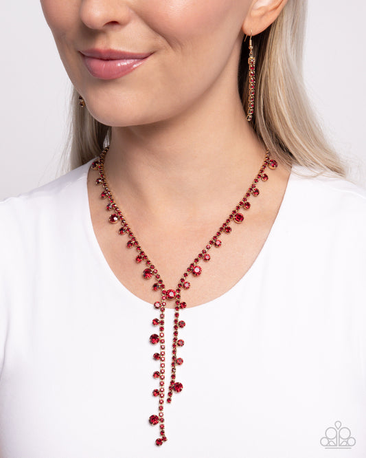 Glittery Getaway - Red Rhinestone & Gold Interconnected Strand Necklace Paparazzi N3085