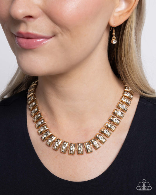 Officially Opulent - Gold Plates & White Rhinestone Necklace Paparazzi N2916