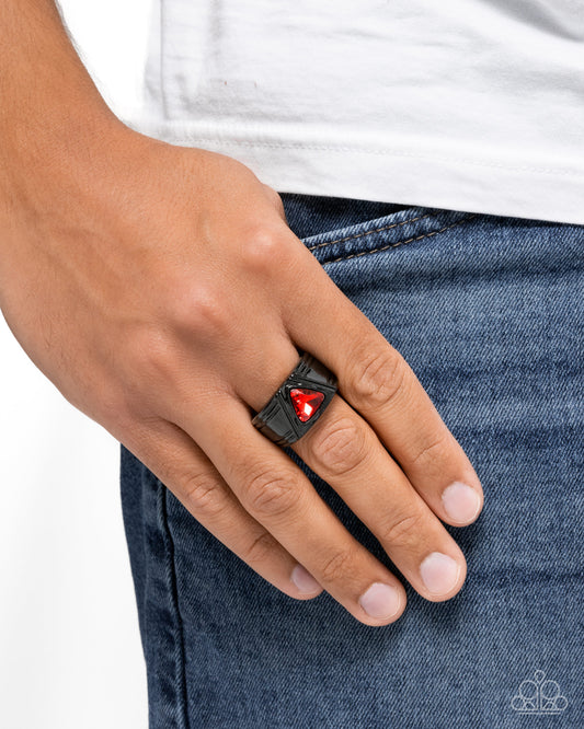 Trenchant Triangle - Red Gem & Black Painted Thick Band Urban Men's Ring Paparazzi