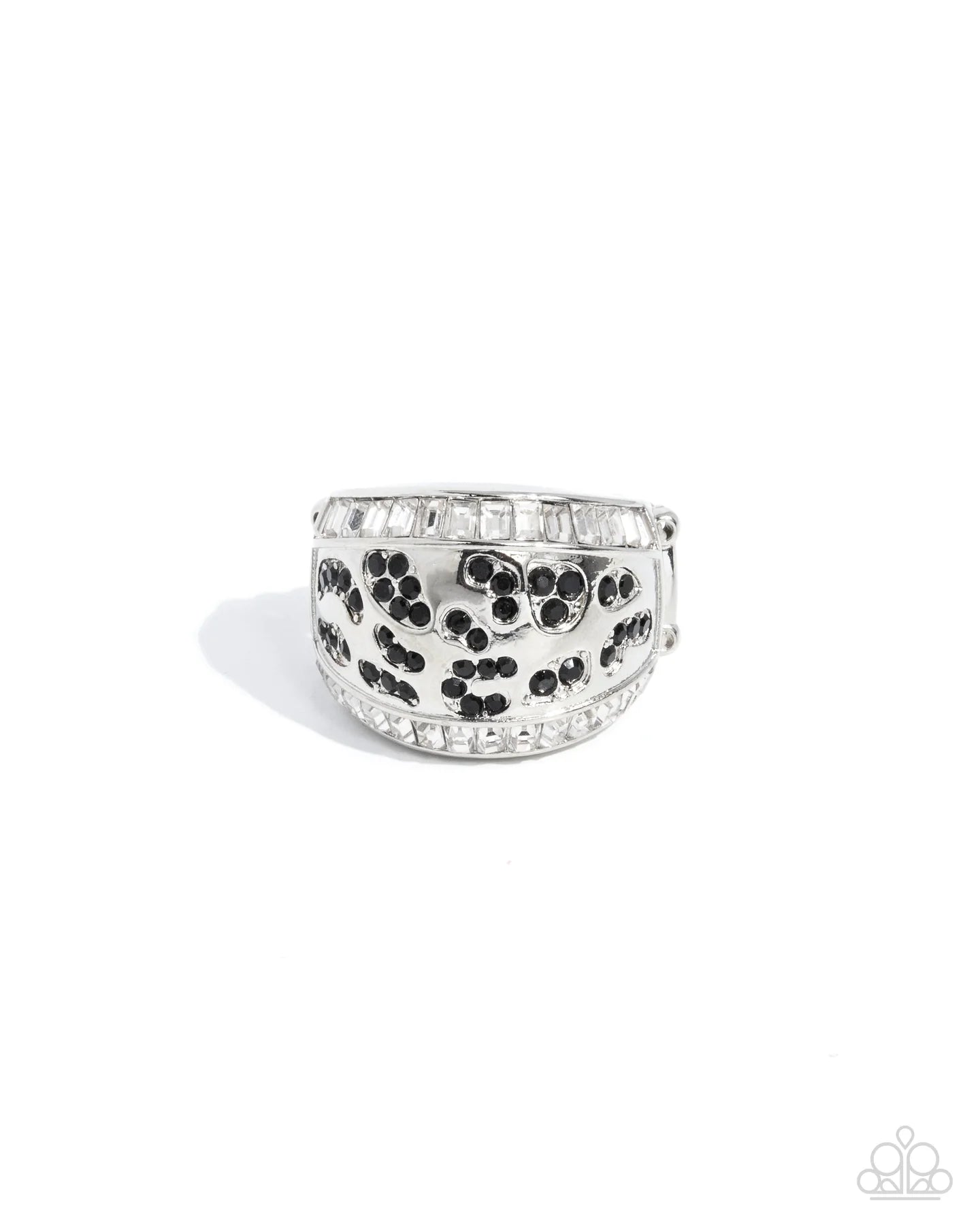 Paparazzi Completely Classy - Black Rhinestone Silver Animal Print Ring R1125