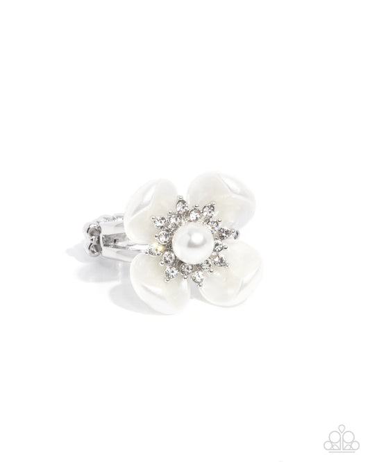 Unmatched Elegance - White Glossy & Rhinestone Flower Ring Paparazzi R0973