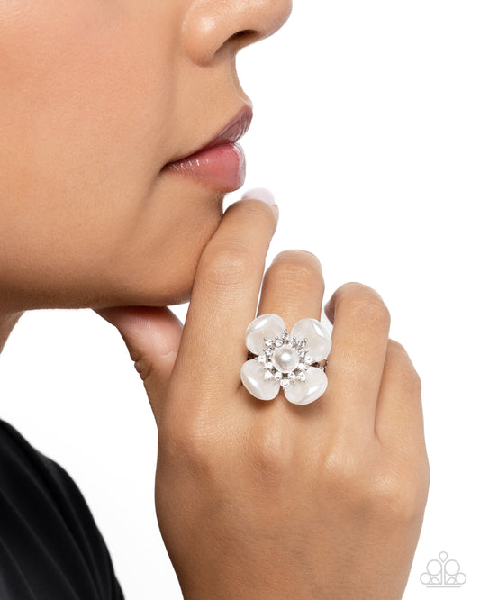 Unmatched Elegance - White Glossy & Rhinestone Flower Ring Paparazzi R0973