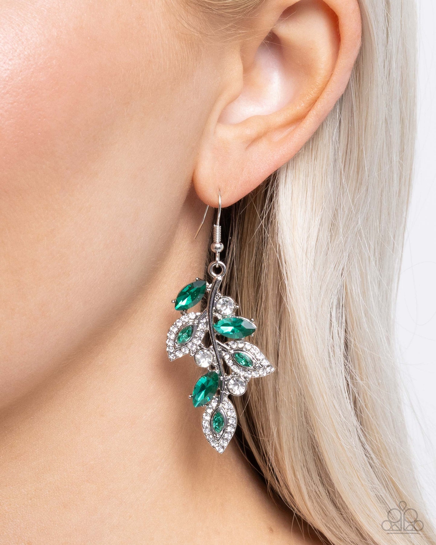 Flourishing Feature - Green Emerald Gem & White Rhinestone Leave Earring Paparazzi