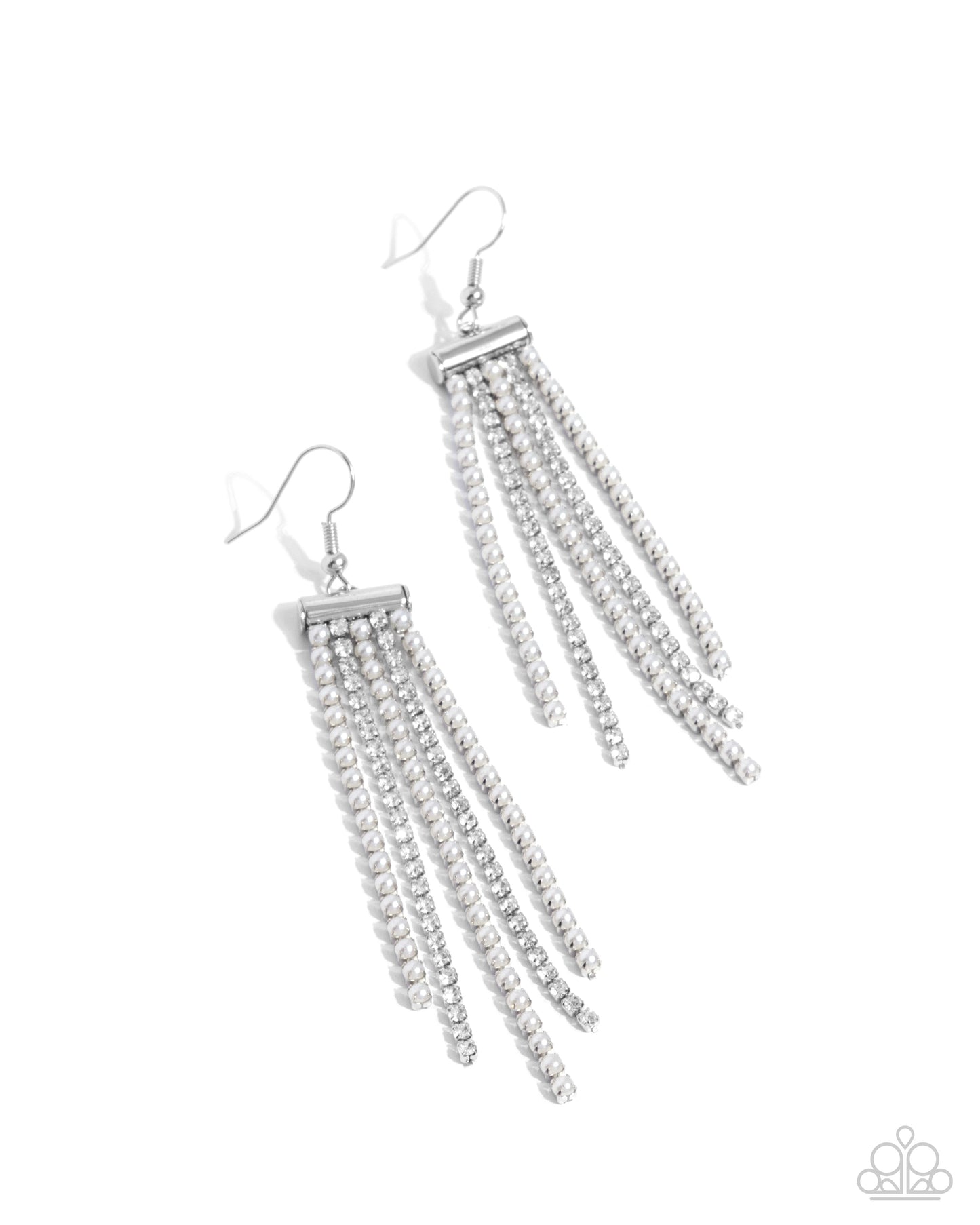 Tapered Team - White Pearl & Rhinestone Fringe Earring Paparazzi E2095