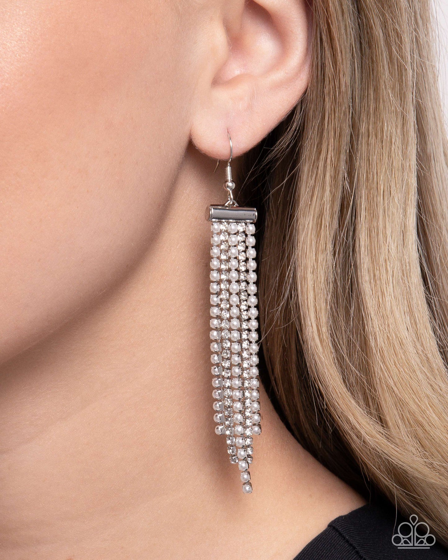 Tapered Team - White Pearl & Rhinestone Fringe Earring Paparazzi E2095