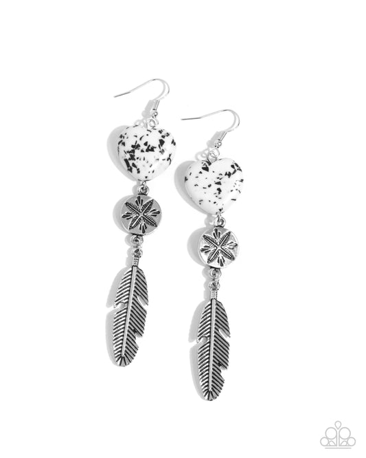 Free-Spirited Fame - White & Black Stone Heart Silver Feather Santa Fe Style Earring Paparazzi E2484