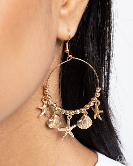 Coastal Conversation - Gold Starfish, Seashell Beach Vibe Earring Paparazzi E2707