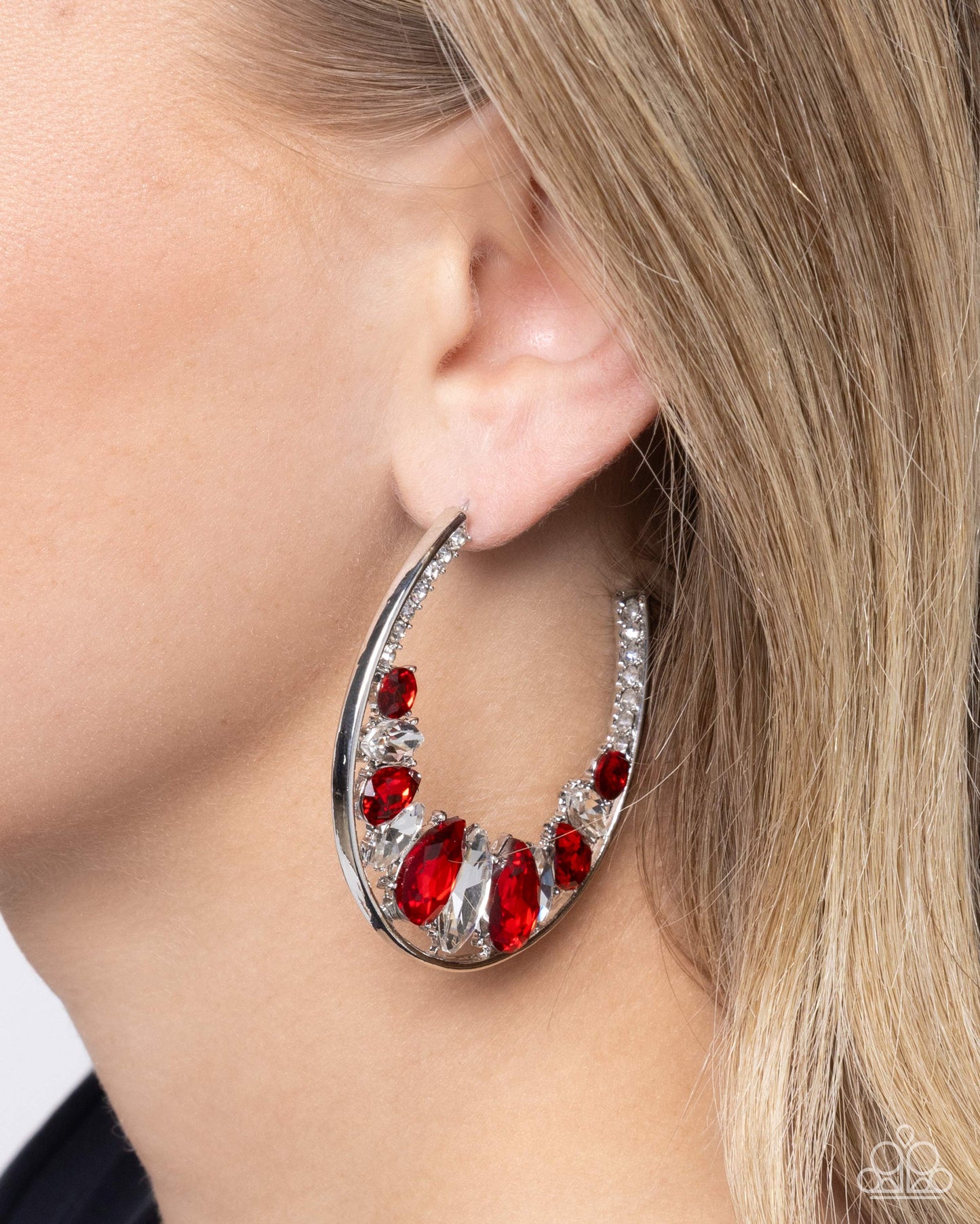 Refined Rewind - Red & White Gem 2 1/2 Inch Silver Hoop Earring Paparazzi E2605