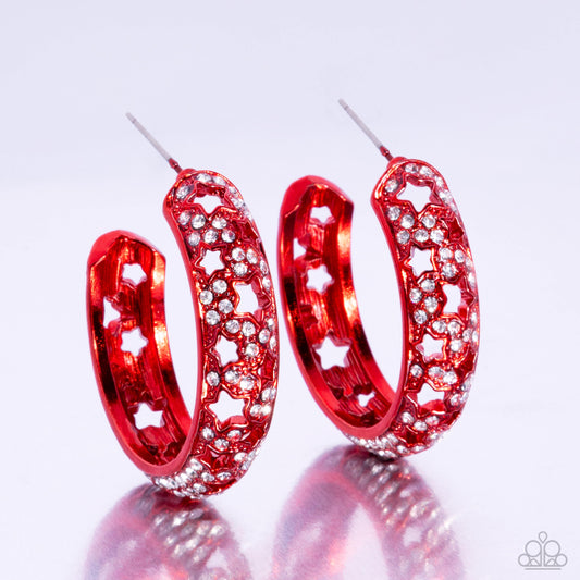 Stellar Significance - Red Starry White Rhinestone 1 1/2 Inch Hoop Earring Paparazzi E1411
