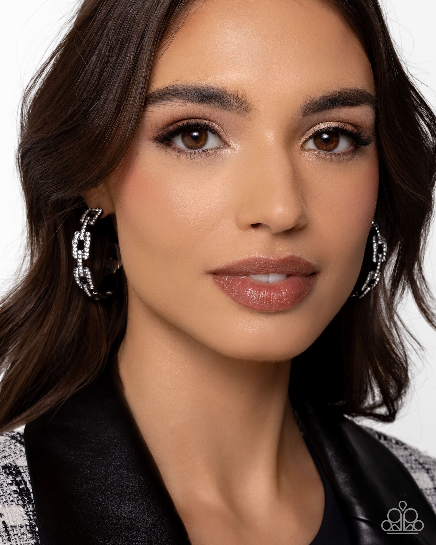 Downtown Decadence - Black Gunmetal Curb Chain Links & White Rhinestone 2 Inch Hoop Earring Paparazzi E2995