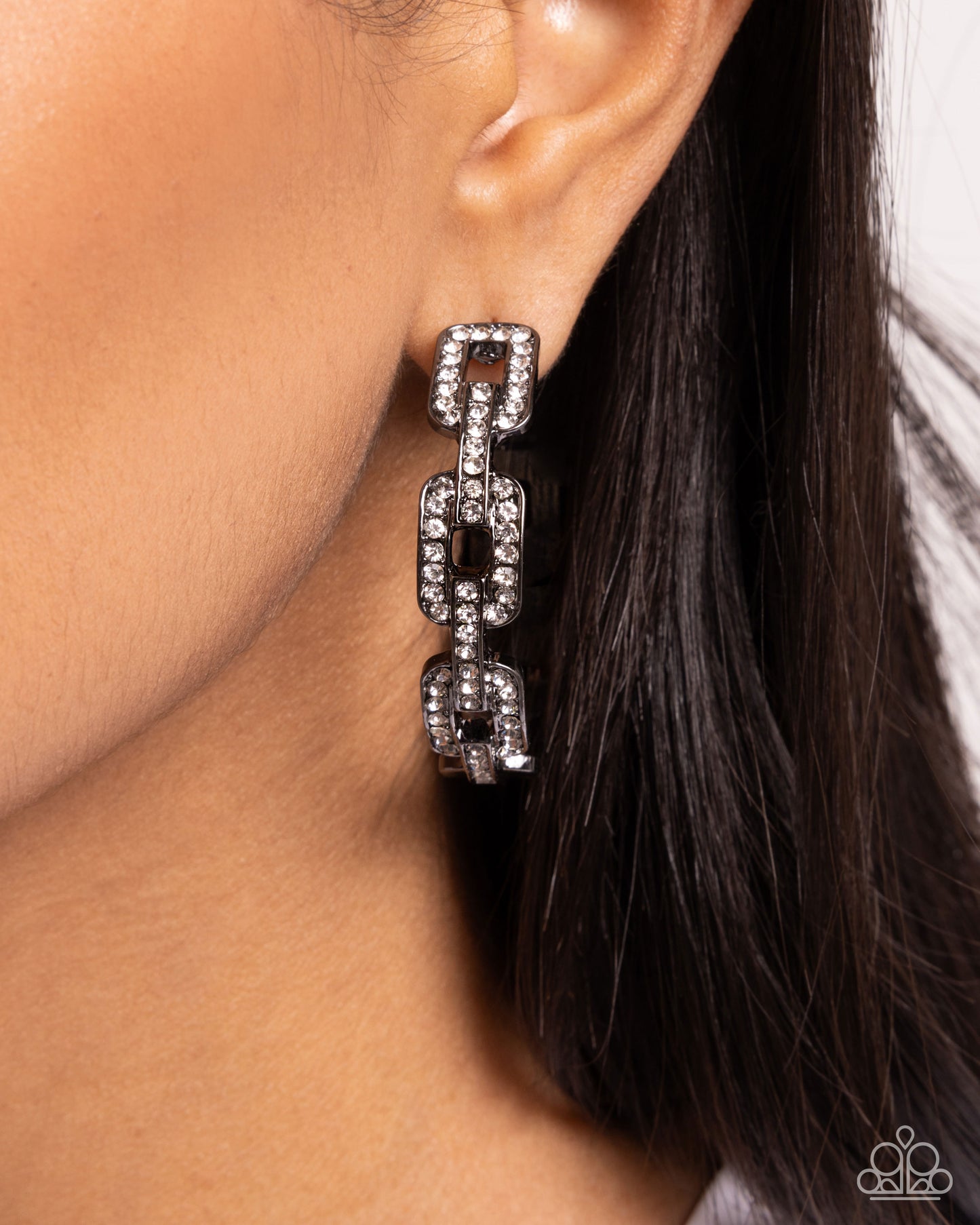 Downtown Decadence - Black Gunmetal Curb Chain Links & White Rhinestone 2 Inch Hoop Earring Paparazzi E2995