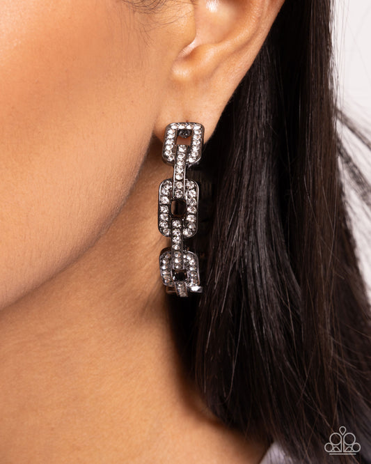 Downtown Decadence - Black Gunmetal Curb Chain Links & White Rhinestone 2 Inch Hoop Earring Paparazzi E2995