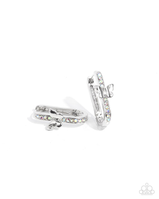 Aerial Authority - Multi Iridescent Rhinestone Silver Butterfly Hinge 1/2 Inch Hoop Earring Paparazzi E2667
