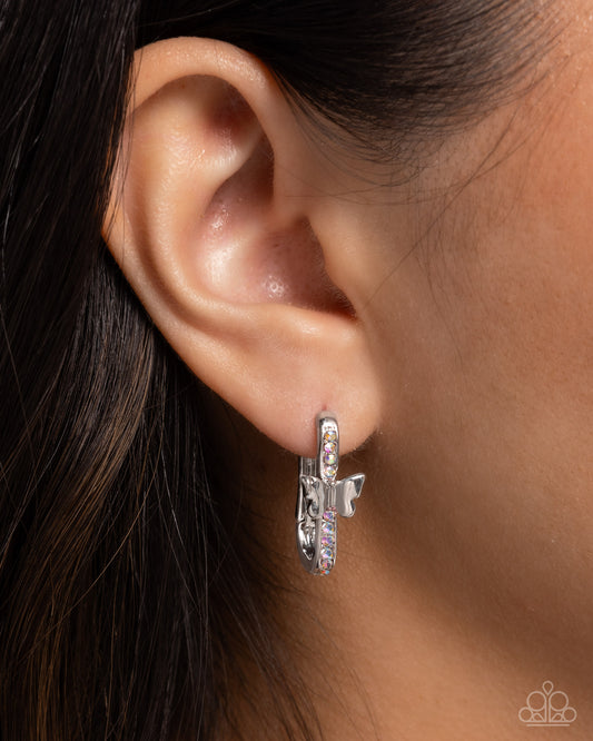 Aerial Authority - Multi Iridescent Rhinestone Silver Butterfly Hinge 1/2 Inch Hoop Earring Paparazzi E2667