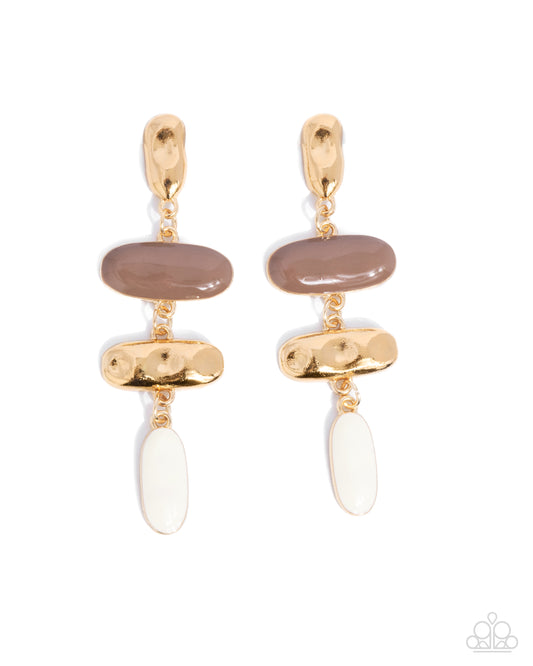 Secretive Shimmer - Brown Raw Umber, White & Hammered Gold Post Earring Paparazzi E2737