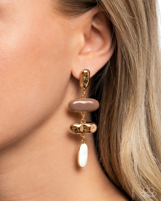 Secretive Shimmer - Brown Raw Umber, White & Hammered Gold Post Earring Paparazzi E2737