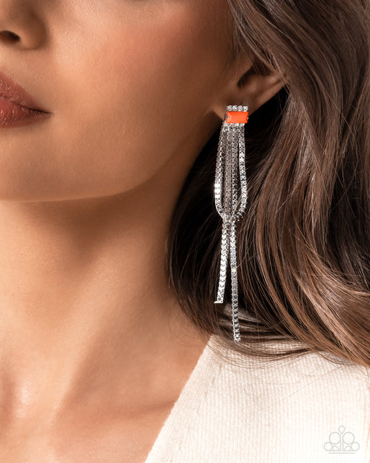 Classy Curves - Orange - Red Orange Acrylic & White Rhinestone Silver Chain Earring Paparazzi E2832