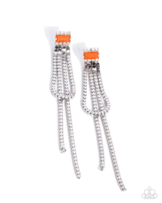 Classy Curves - Orange - Red Orange Acrylic & White Rhinestone Silver Chain Earring Paparazzi E2832
