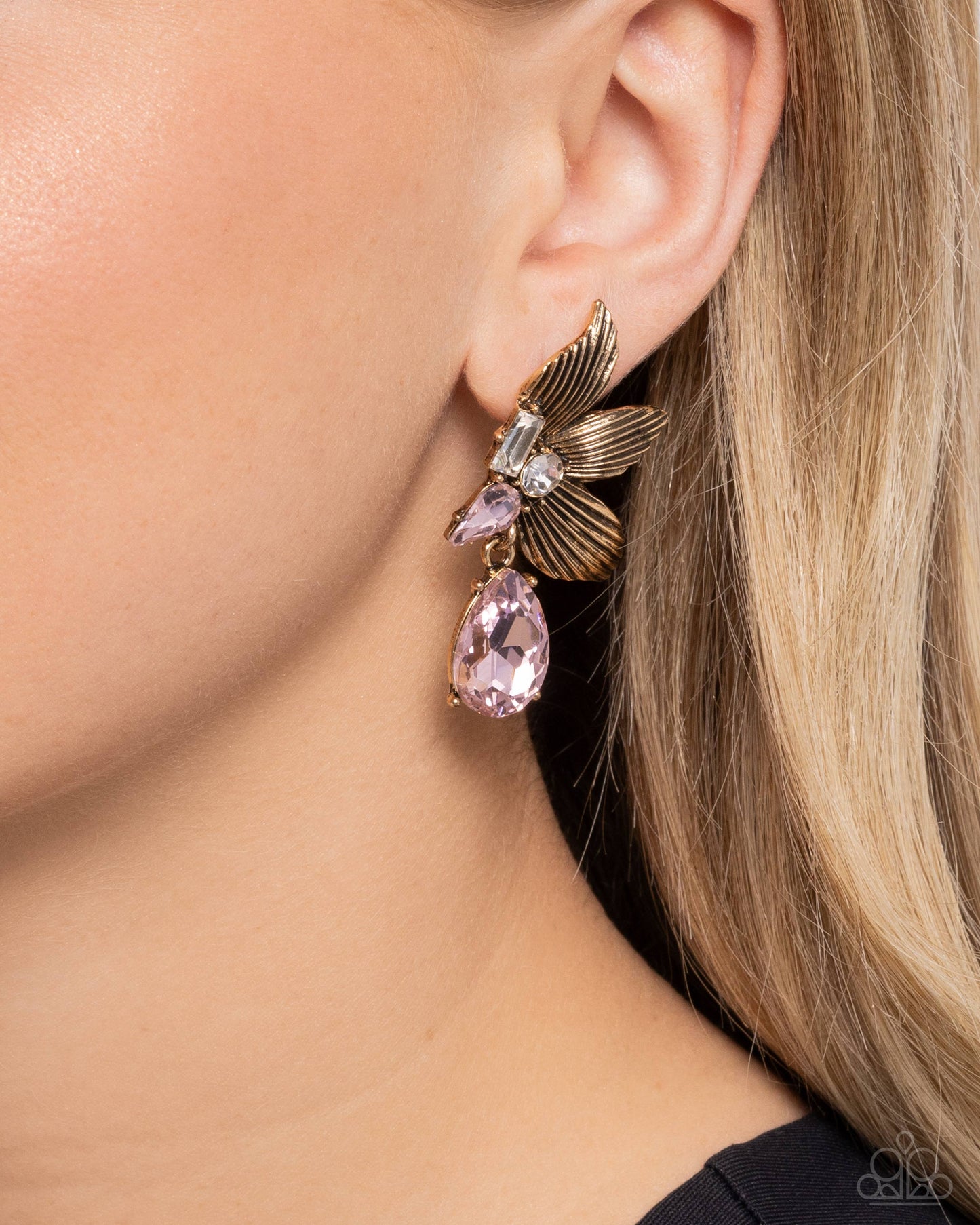 Showstopping Symphony - Pink Teardrop Gem & Gold Flower Post Earring Paparazzi E2100