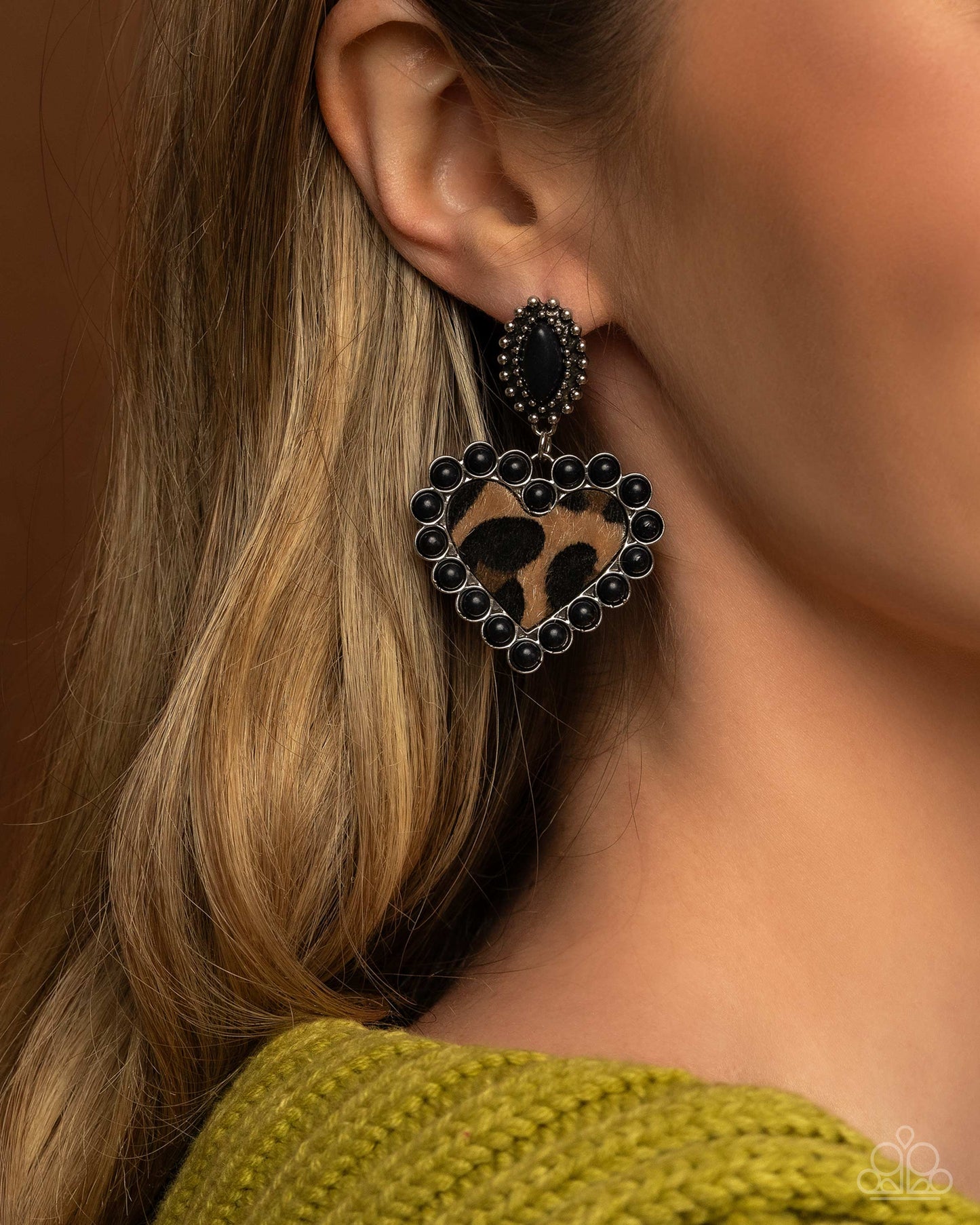 Whimsical Wrangler - Black & Brown Cow Print Heart Post Earring Santa Fe Style Paparazzi