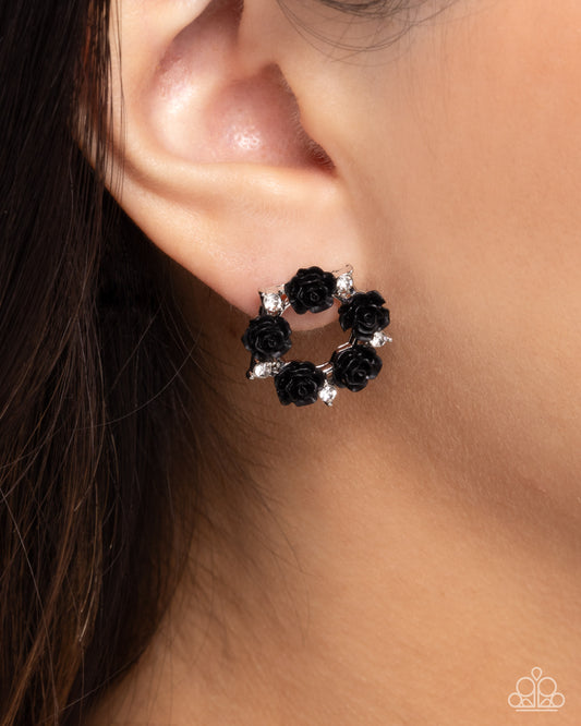 Grace Personified - Black Rosette & White Rhinestone Post Earring Paparazzi E2463