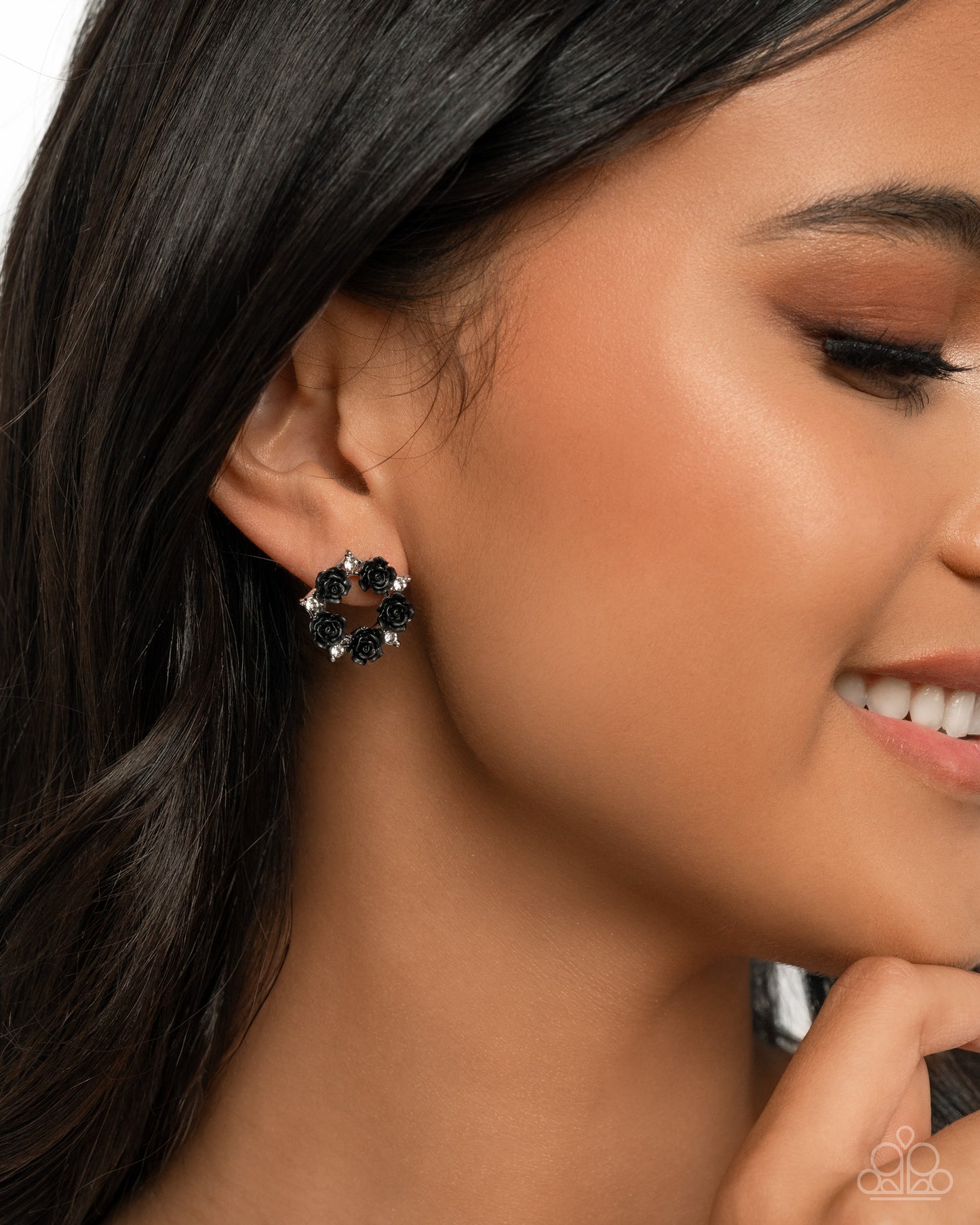 Grace Personified - Black Rosette & White Rhinestone Post Earring Paparazzi E2463