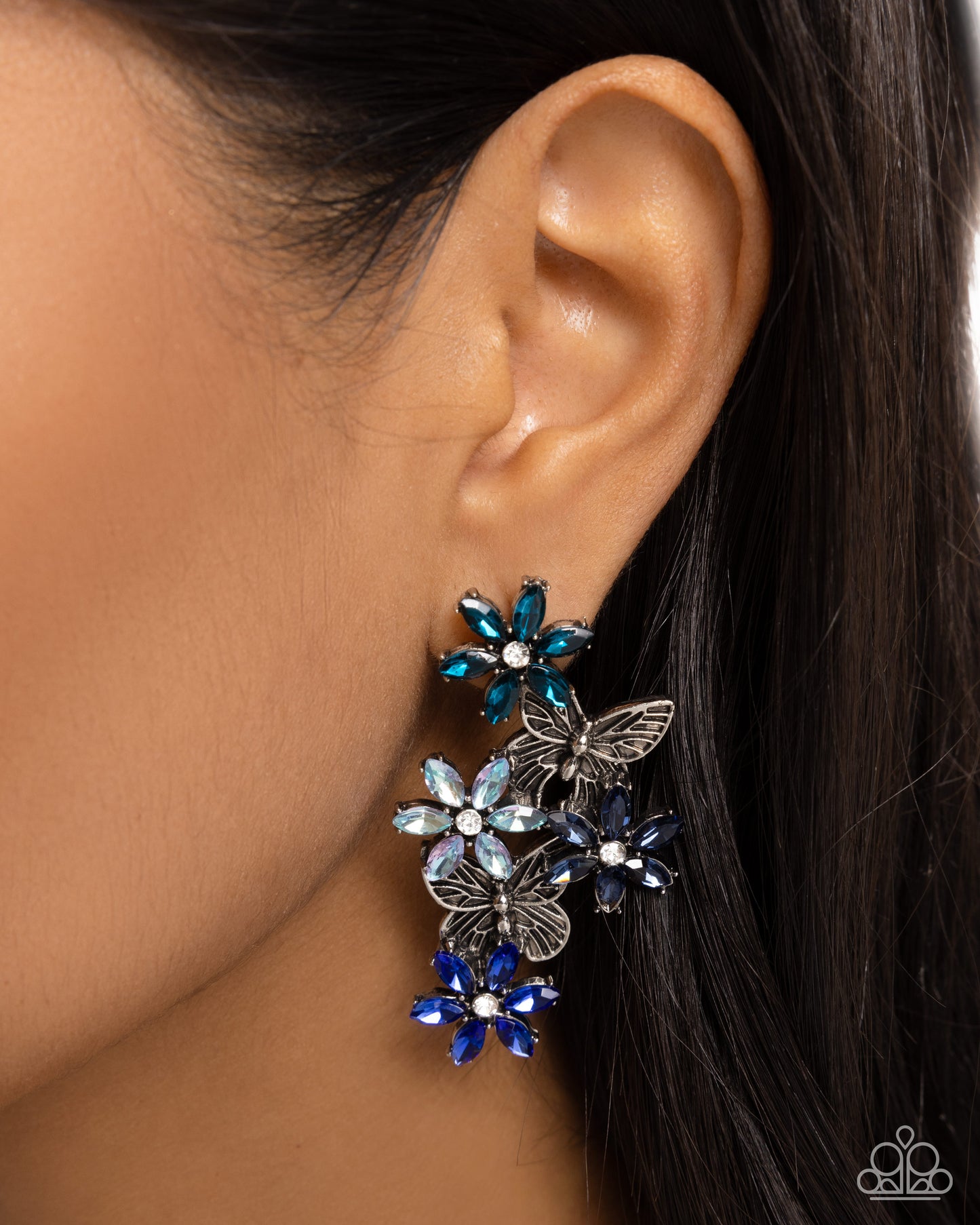 Aerial Award - Blue Multicolored & Iridescent Blue Gem Flower & Silver Butterfly Earring E2959