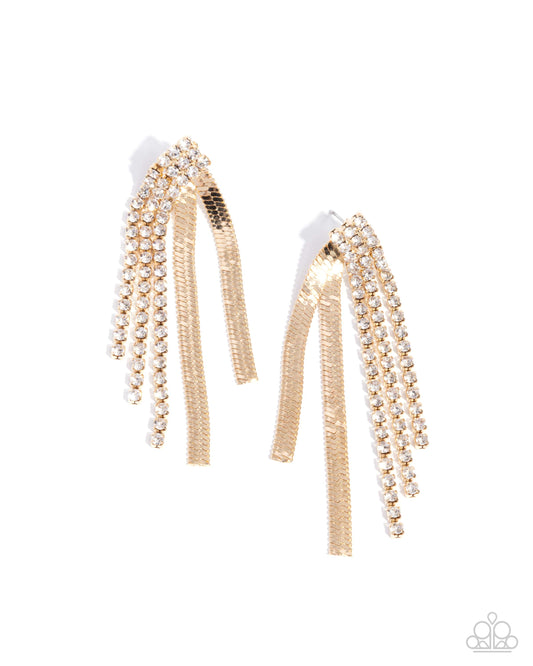 Dramatic Downpour - Gold Herringbone Chain & White Rhinestone Strands Post Earring Paparazzi