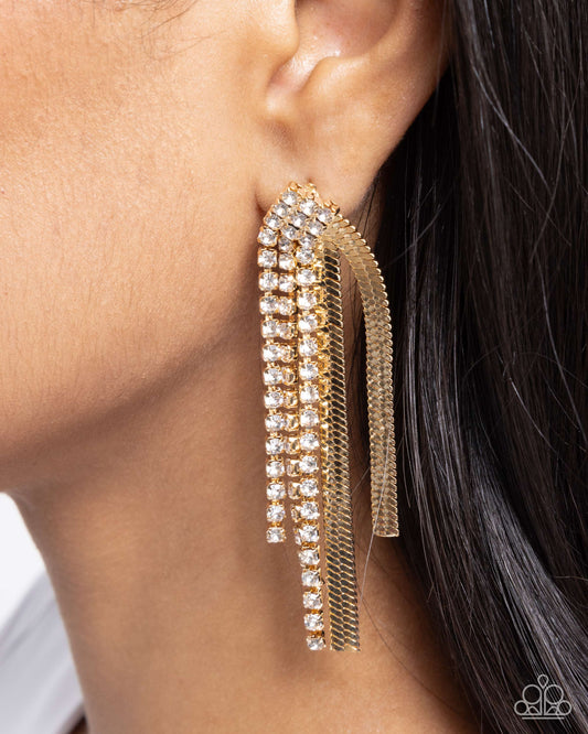 Dramatic Downpour - Gold Herringbone Chain & White Rhinestone Strands Post Earring Paparazzi