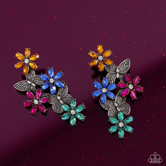 Aerial Award - Multicolored Flower & Silver Butterfly Post Earring Paparazzi E2860