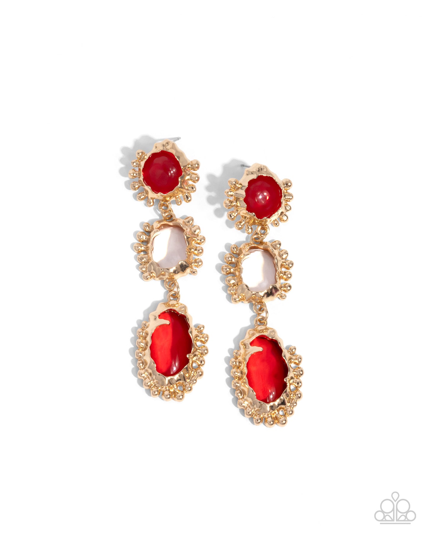 Emotional Elegance - Red Scarlet Smile, Clear, Light Peach Gold Studded Frame Earring Paparazzi