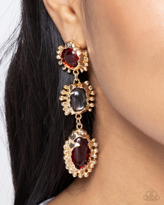 Emotional Elegance - Red Scarlet Smile, Clear, Light Peach Gold Studded Frame Earring Paparazzi