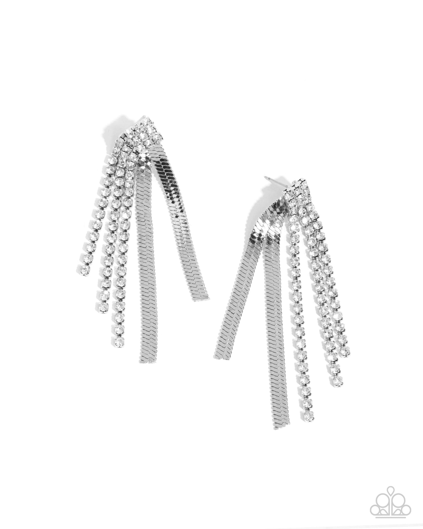 Dramatic Downpour - White Rhinestone & Silver Herringbone Chain Post Earring Paparazzi E2103