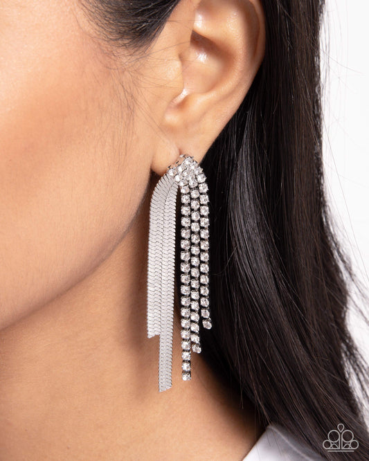 Dramatic Downpour - White Rhinestone & Silver Herringbone Chain Post Earring Paparazzi E2103