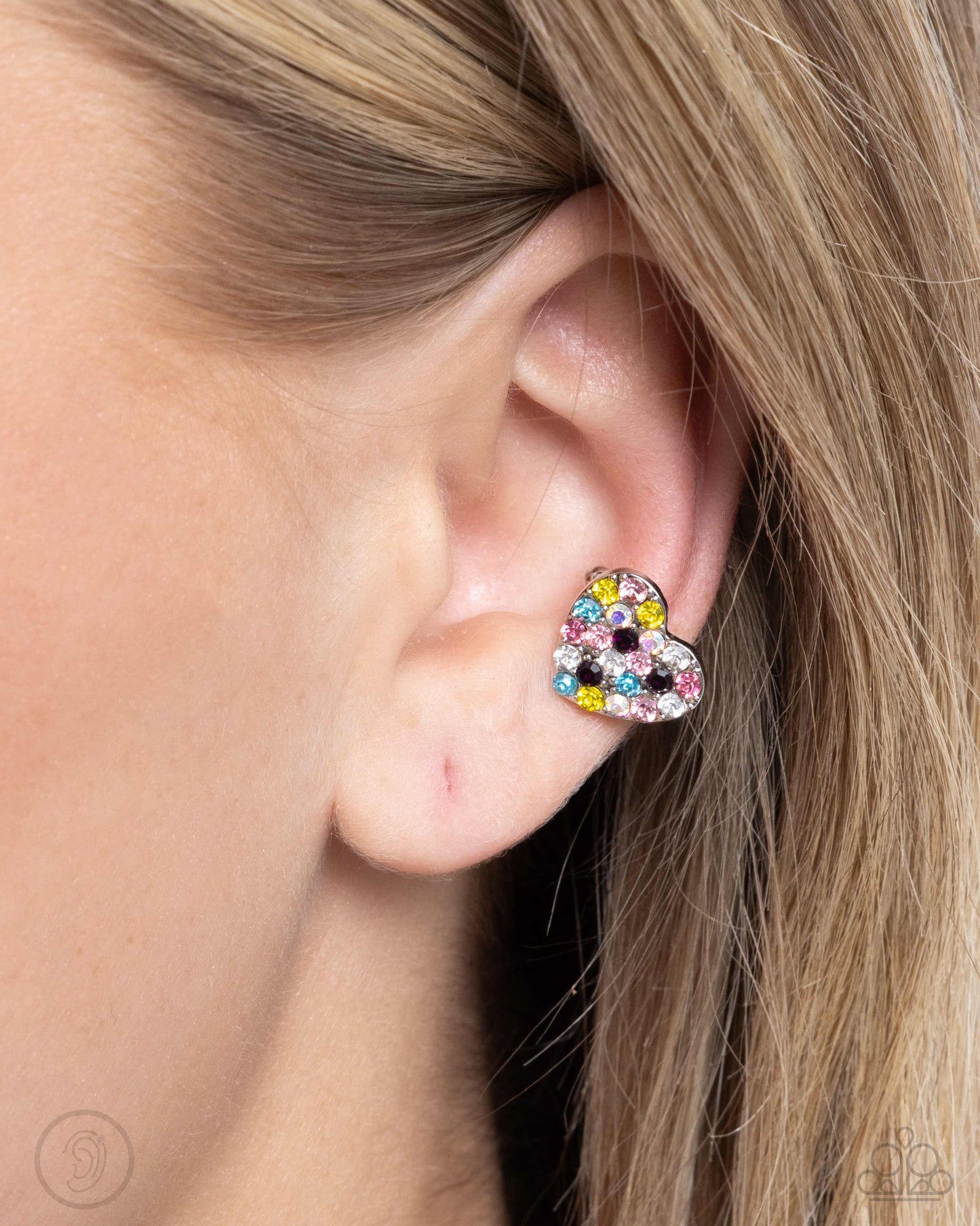 As Far As It GLOWS - Multi Colored & Iridescent Rhinestone Heart Ear Cuff Earring Paparazzi E2509