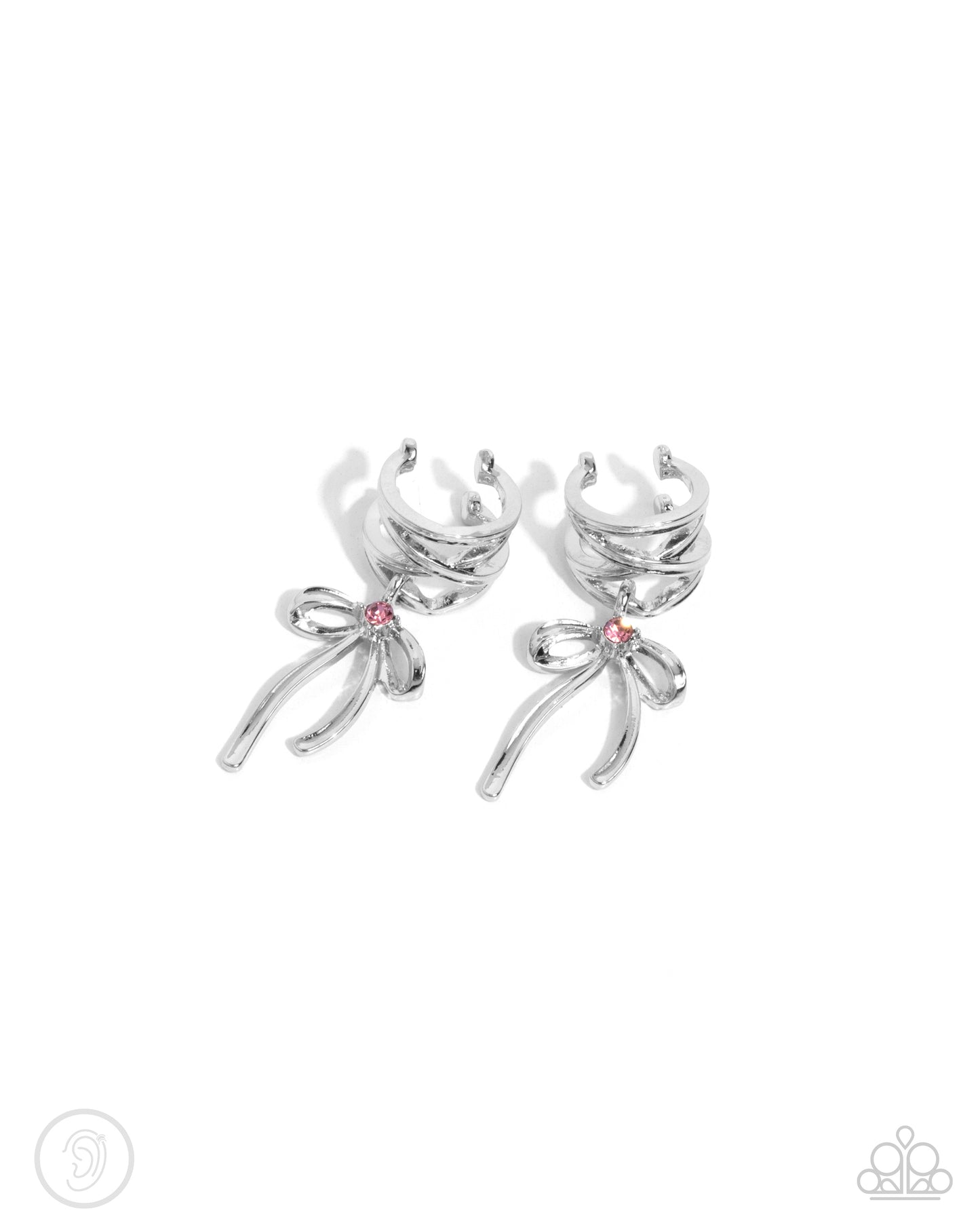 Ballet Lacing - Pink Light Rose Rhinestone & Silver Bow Ear Cuff Paparazzi