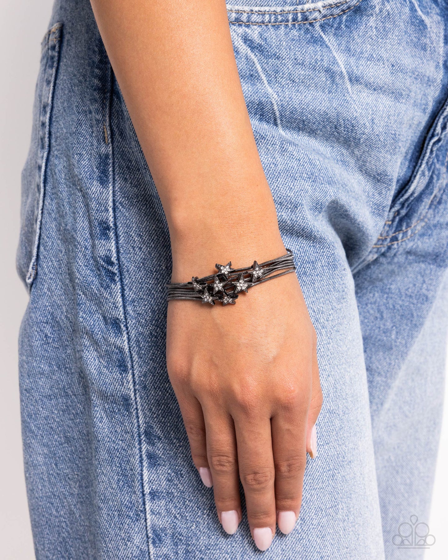 Guest Star - Black Gunmetal White Rhinestone Star Clasp Bracelet Paparazzi B0415