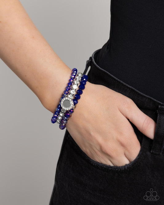 Heroic Haute - Blue Transparent Bead & White Rhinestone Set of 3 Stretch Bracelets Paparazzi