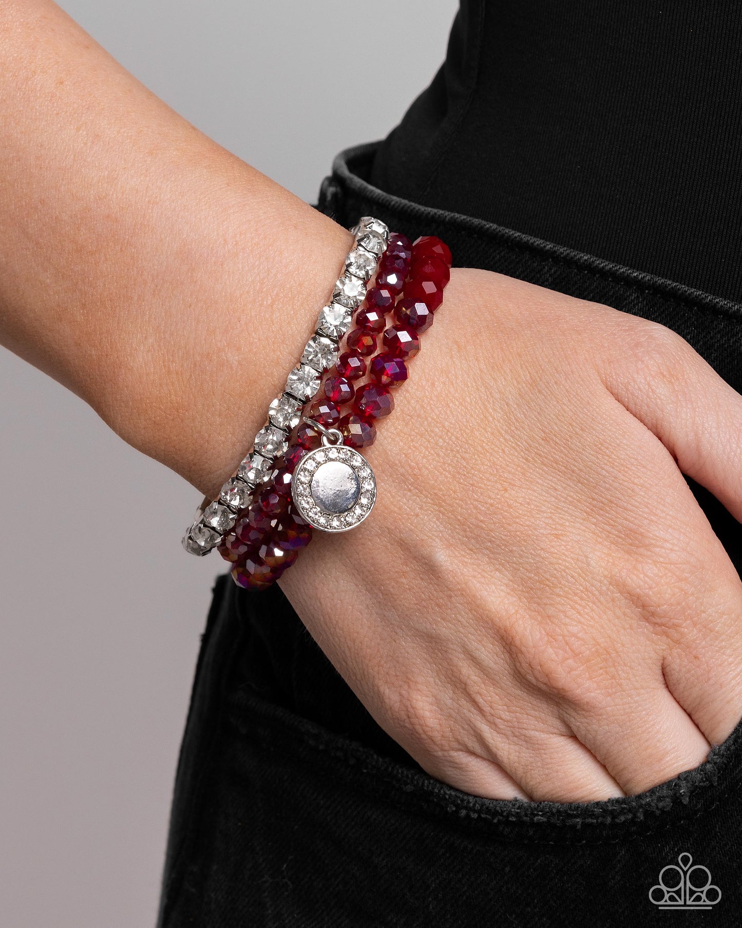 Heroic Haute - Red Faceted Bead & White Rhinestone Stacked Set Of 3 Stretch Bracelets Paparazzi B1882