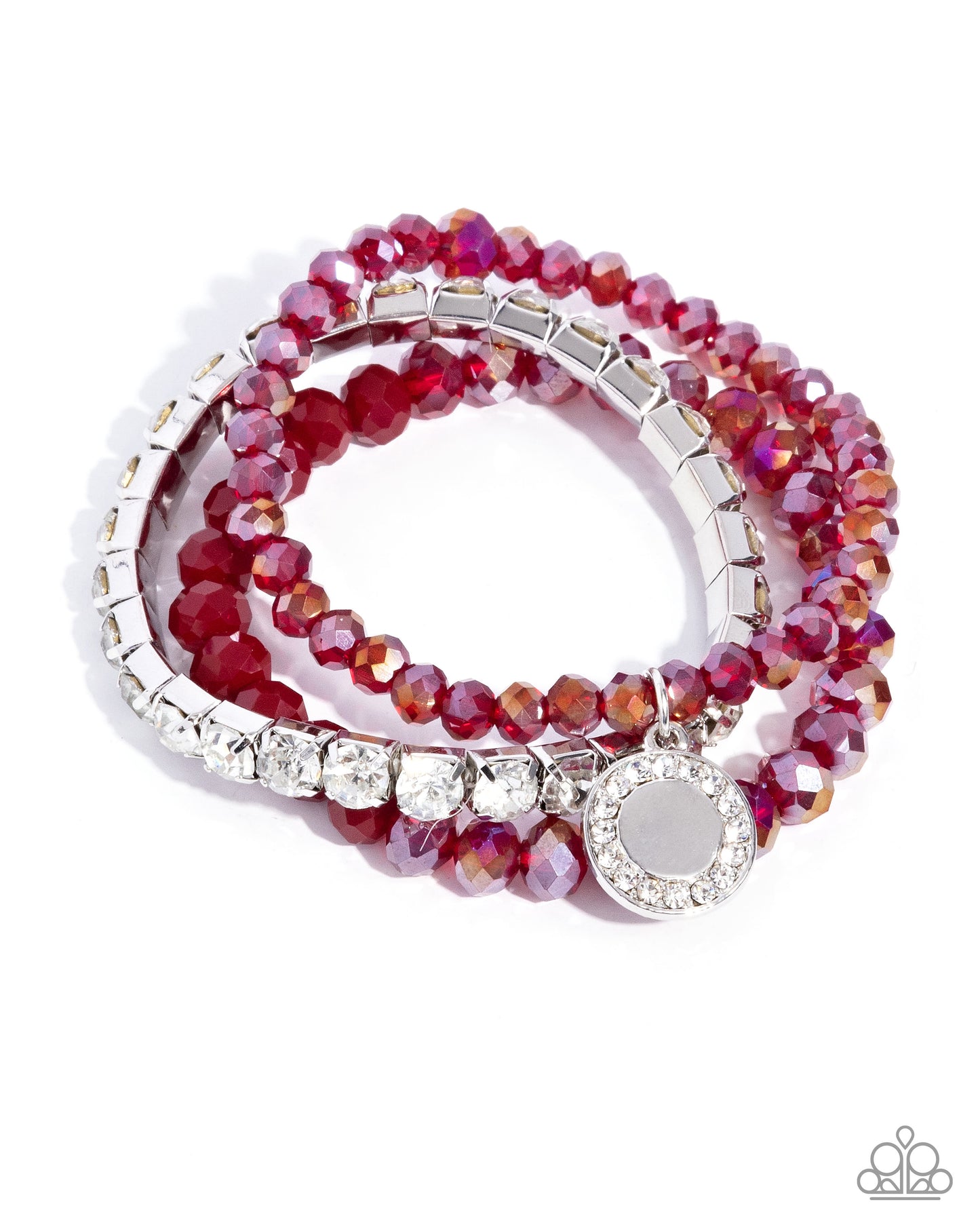Heroic Haute - Red Faceted Bead & White Rhinestone Stacked Set Of 3 Stretch Bracelets Paparazzi B1882